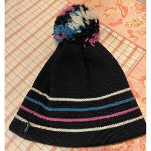 VTG Smiley Beanie Cap Wool Ski Snow Hat Big Pom Pom Black Pink Blue White Stripe